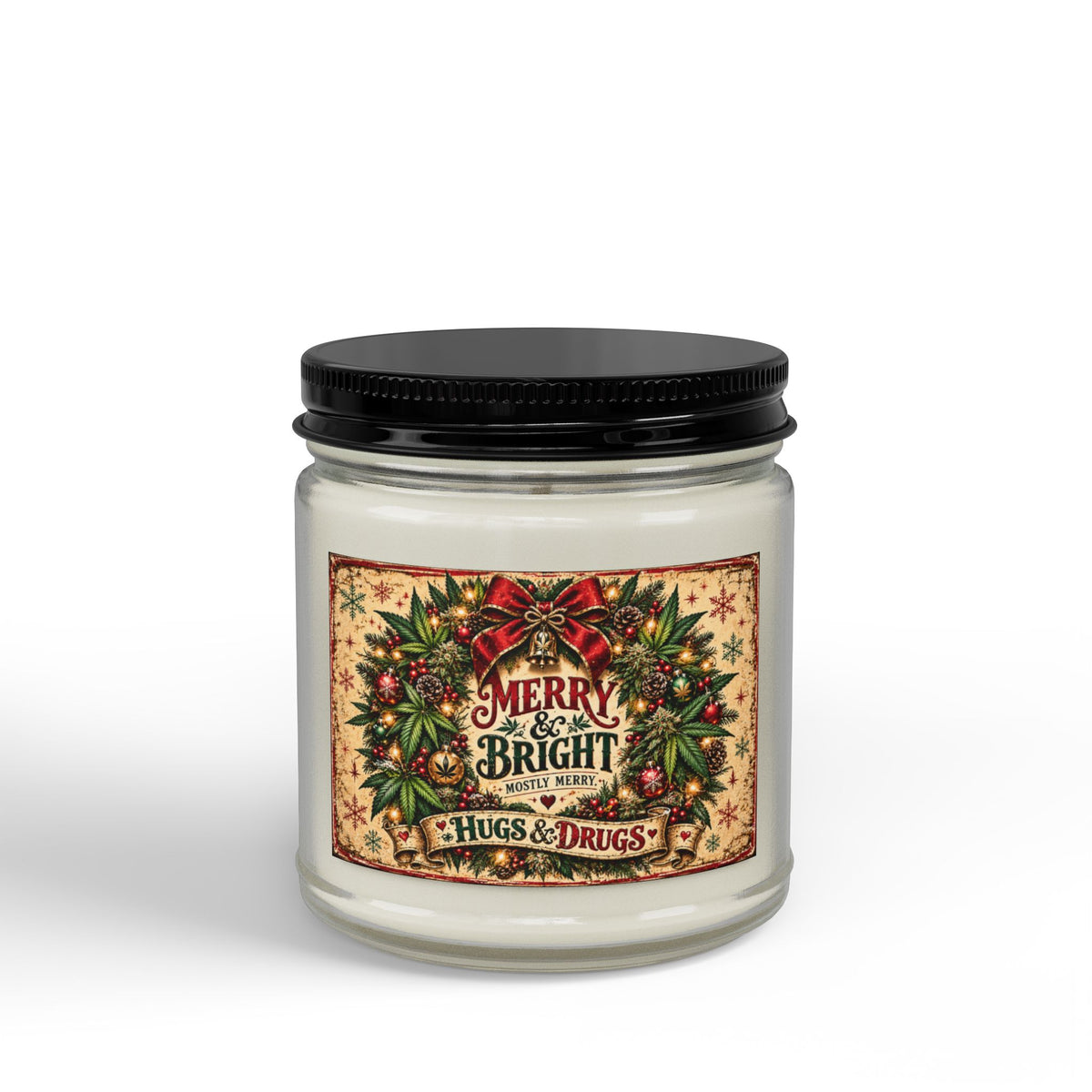 Merry & Bright Mostly Merry Christmas Candle | Funny Holiday Soy Candle Gift | Hugs & Drugs