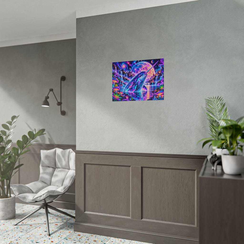 Cosmic Narwhal in Neon Paradise | Psychedelic Mushroom & Cannabis Fantasy Wall Art Poster | Hugs & Drugs