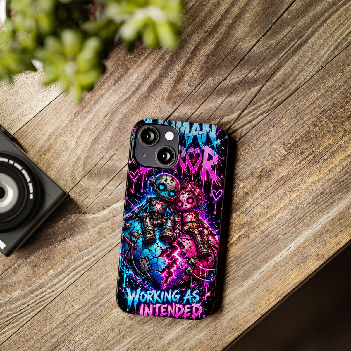 Human Error – Working As Intended Slim iPhone Case | Neon Robot Graphic Phone Cover