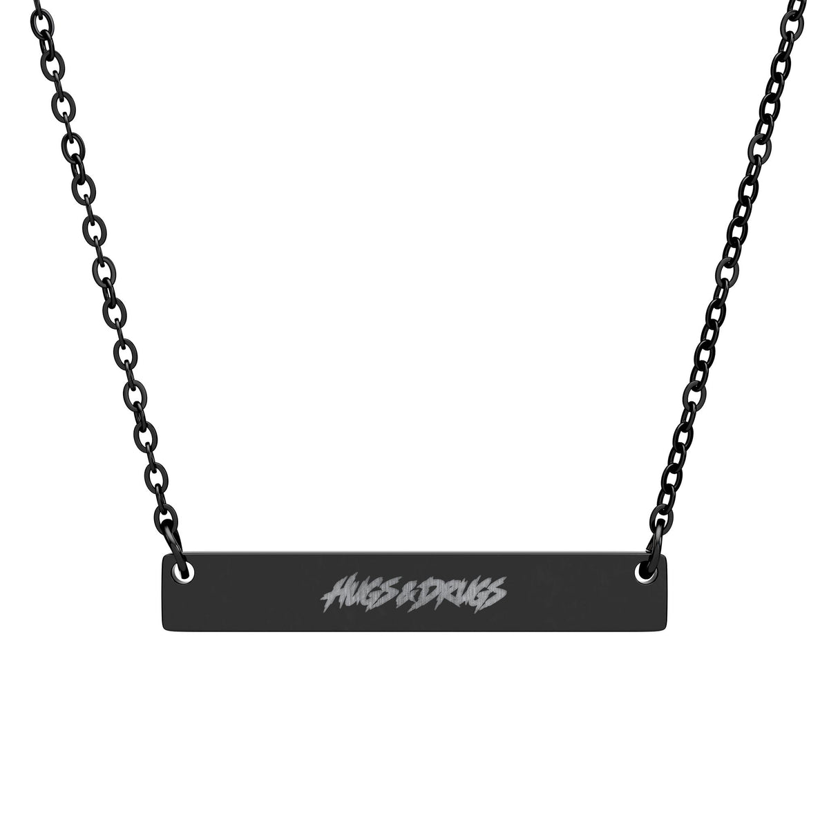 HUGS & DRUGS Engraved Bar Necklace | Edgy Stainless Steel Jewelry | Alternative Unisex Necklace