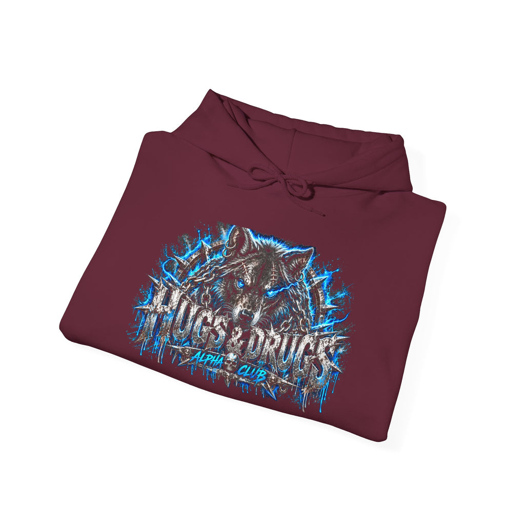 Wolf Alpha Club Hoodie – Hugs & Drugs Unisex Wolf Graphic Sweatshirt | Edgy Streetwear