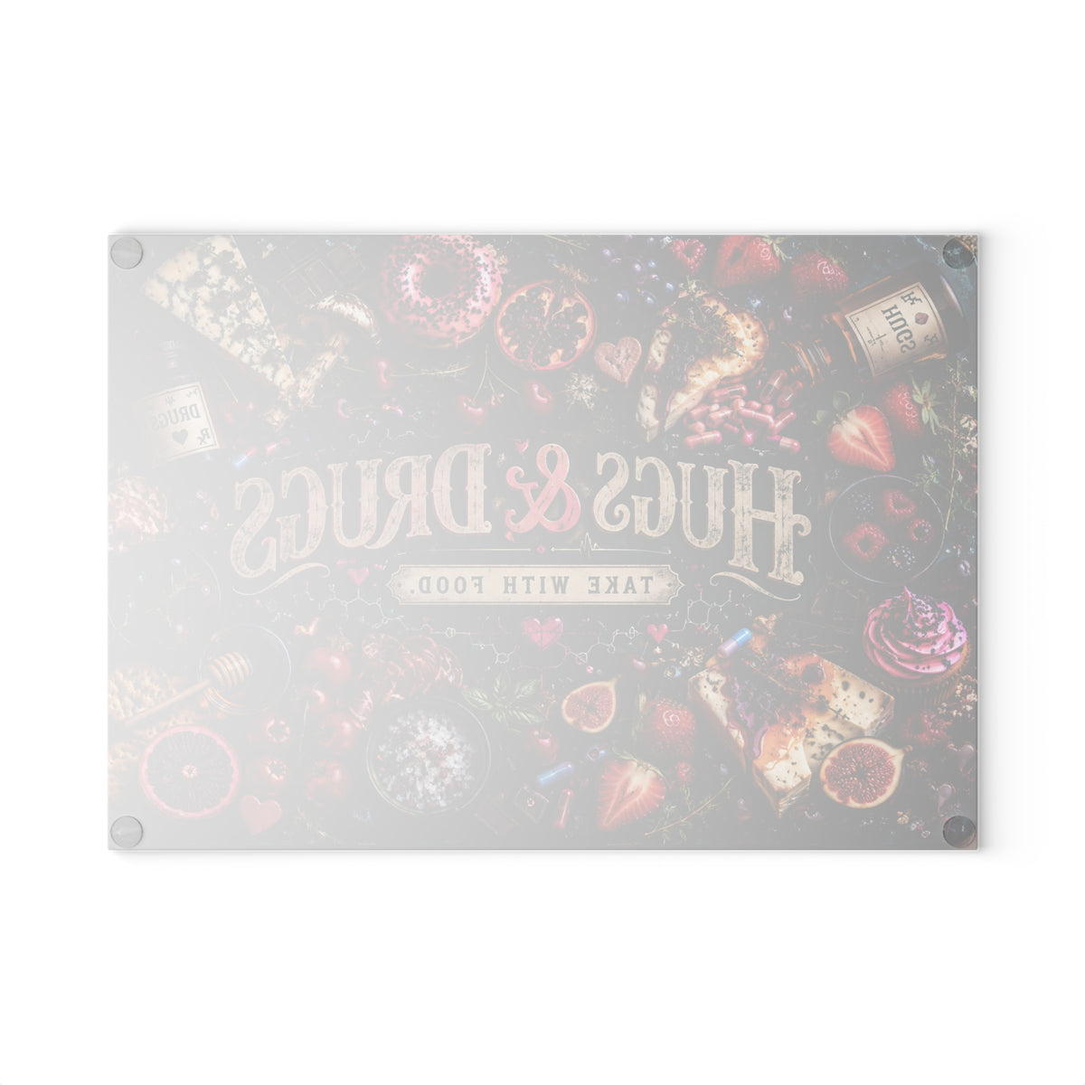 Hugs & Drugs Take With Food Glass Cutting Board | Gothic Botanical Kitchen Decor