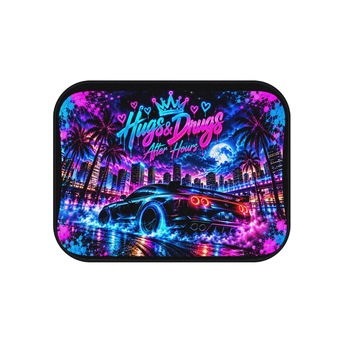 Hugs & Drugs After Hours Car Floor Mats – Neon Sports Car Design | 4-Piece Set