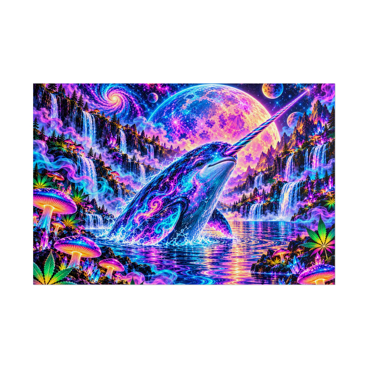 Cosmic Narwhal in Neon Paradise | Psychedelic Mushroom & Cannabis Fantasy Wall Art Poster | Hugs & Drugs