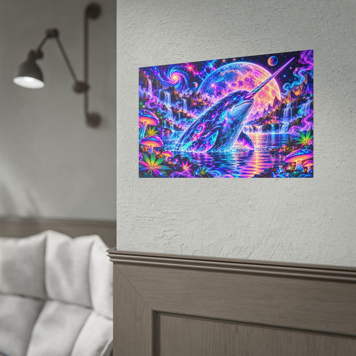 Cosmic Narwhal in Neon Paradise | Psychedelic Mushroom & Cannabis Fantasy Wall Art Poster | Hugs & Drugs