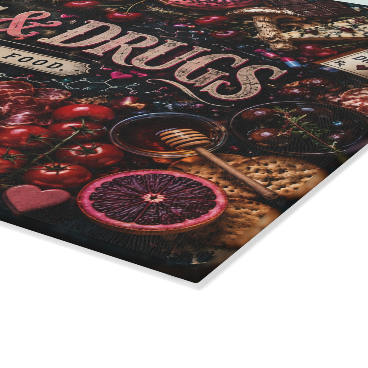Hugs & Drugs Take With Food Glass Cutting Board | Gothic Botanical Kitchen Decor