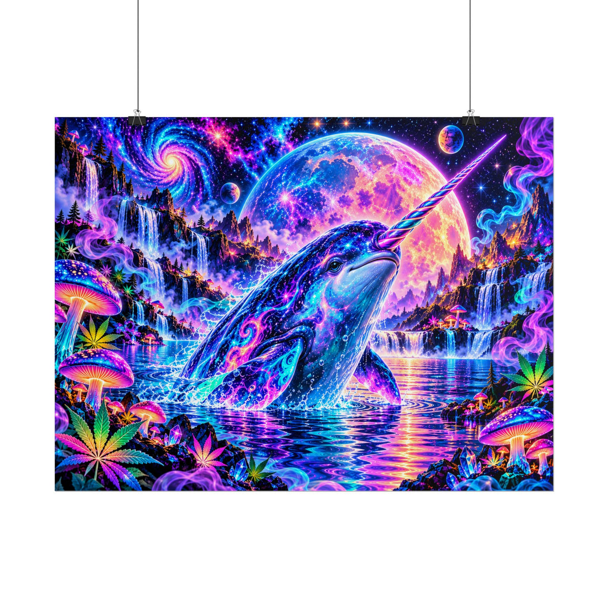Cosmic Narwhal in Neon Paradise | Psychedelic Mushroom & Cannabis Fantasy Wall Art Poster | Hugs & Drugs