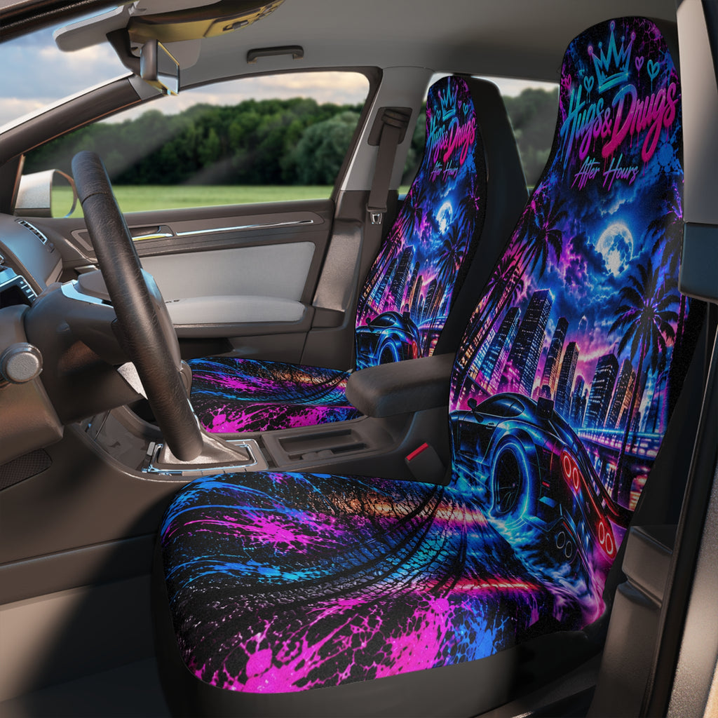 Hugs & Drugs After Hours Car Seat Covers – Neon Sports Car & Midnight City Design | Set of 2