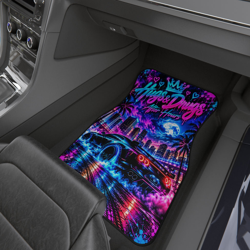 Hugs & Drugs After Hours Car Floor Mats – Neon Sports Car Design | Set of 2 Front)