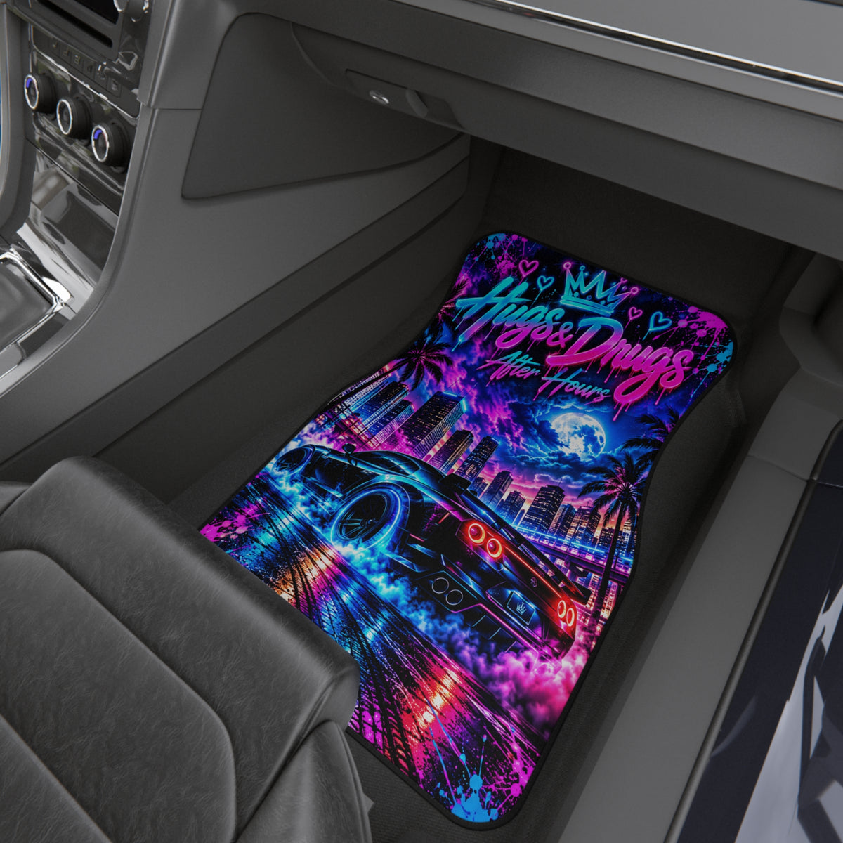Hugs & Drugs After Hours Car Floor Mats – Neon Sports Car Design | Set of 2 Front)