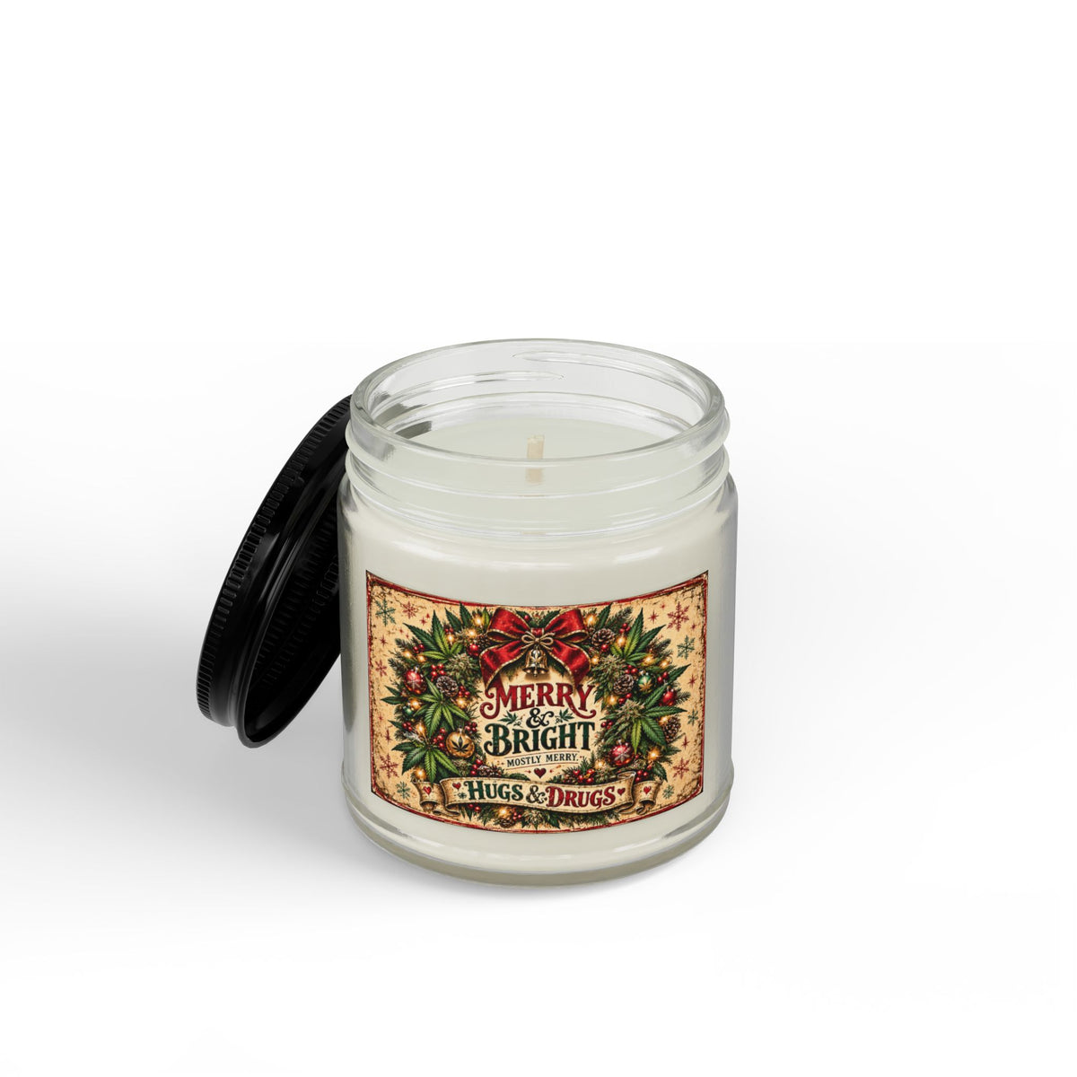 Merry & Bright Mostly Merry Christmas Candle | Funny Holiday Soy Candle Gift | Hugs & Drugs