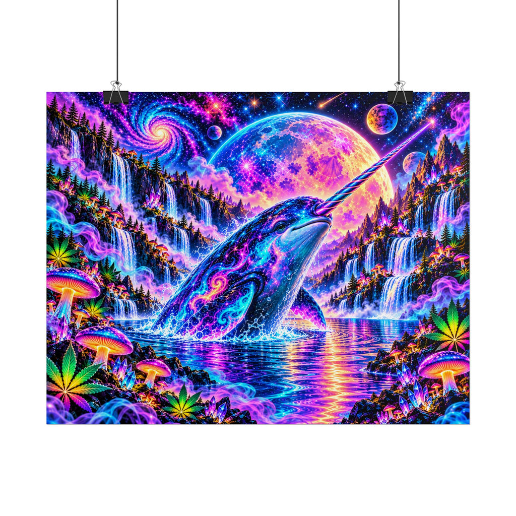 Cosmic Narwhal in Neon Paradise | Psychedelic Mushroom & Cannabis Fantasy Wall Art Poster | Hugs & Drugs