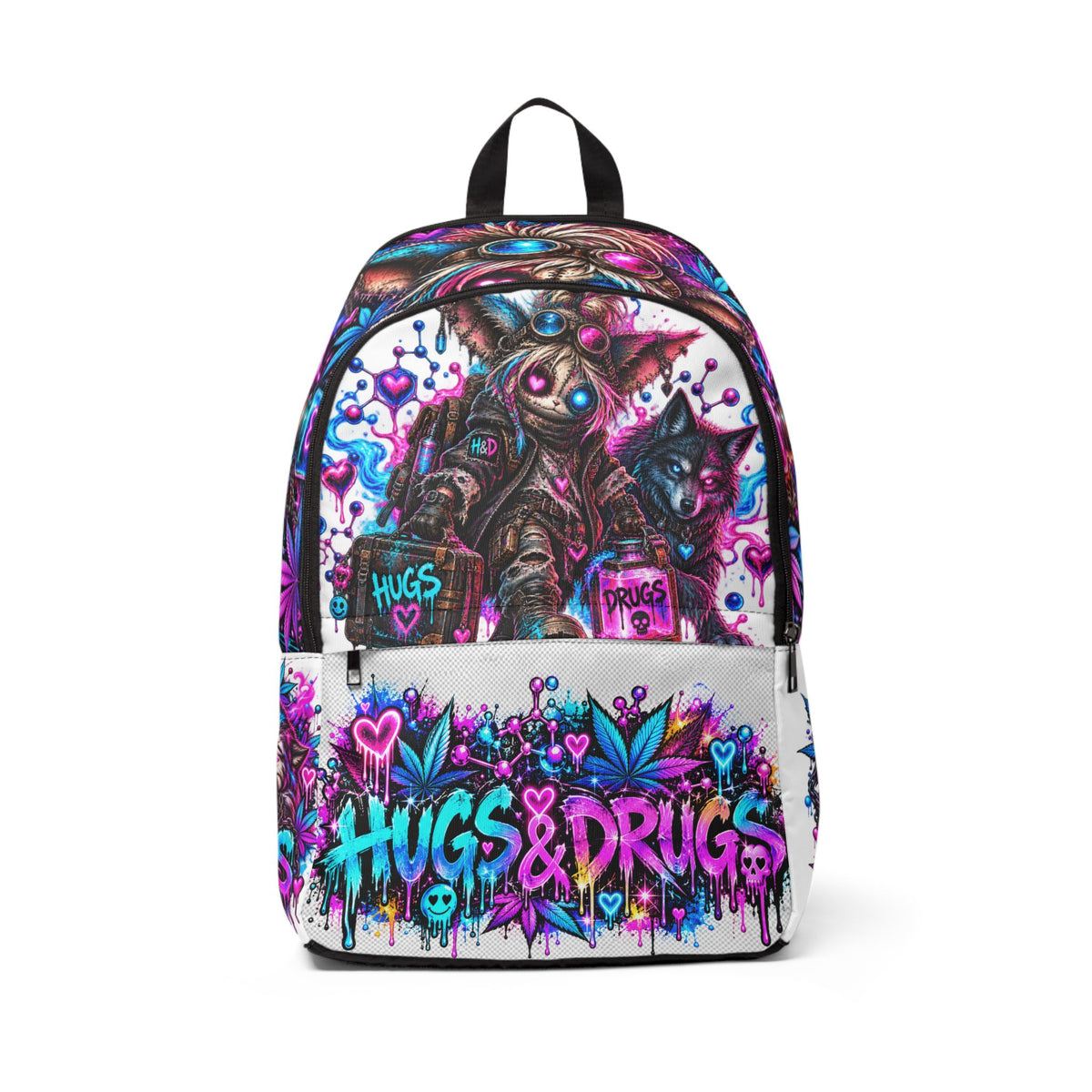 Hugs & Drugs Neon Graffiti Backpack | Psychedelic Street Art Bag