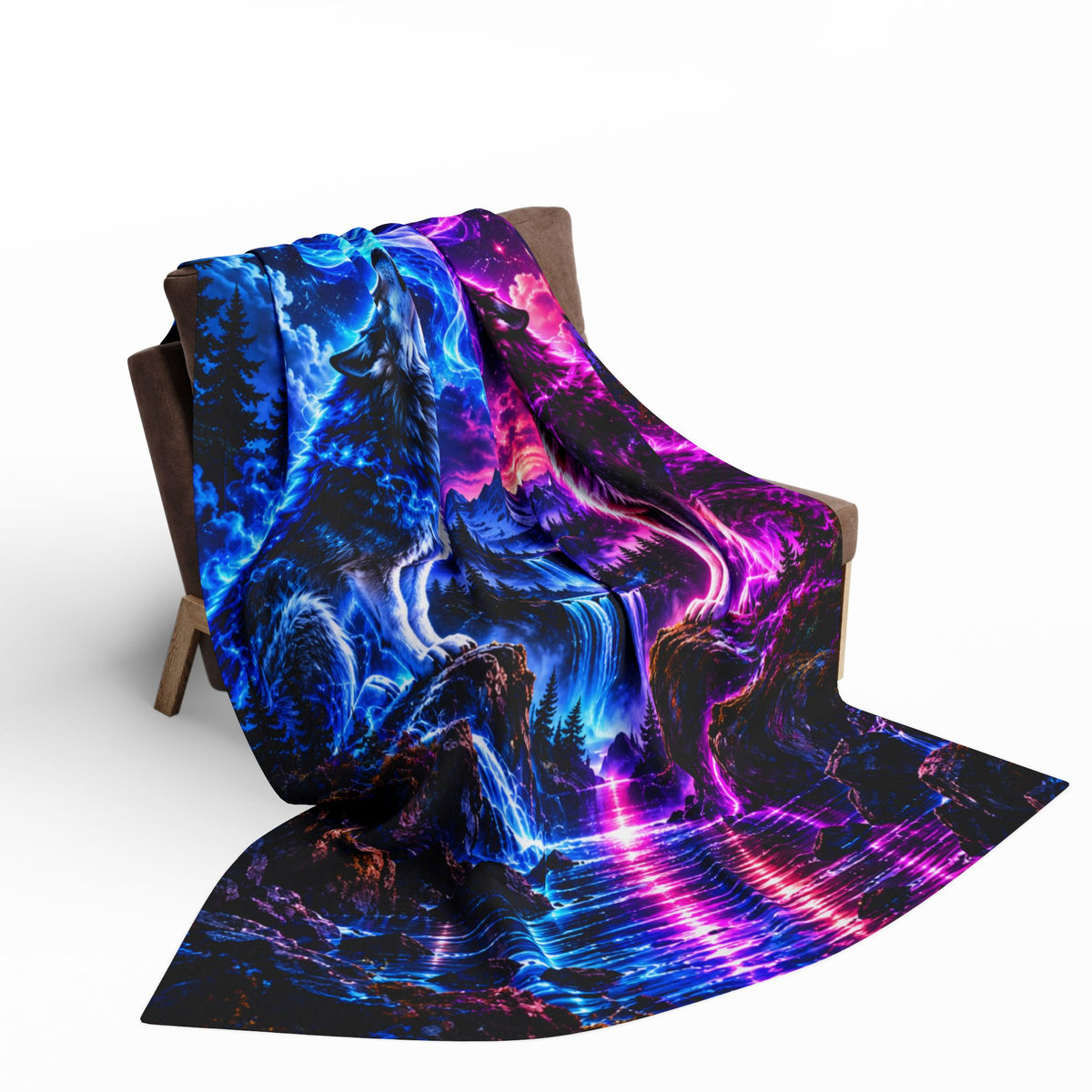 Aurora Wolf Fleece Blanket — Neon Wolves Heart Night Sky Throw