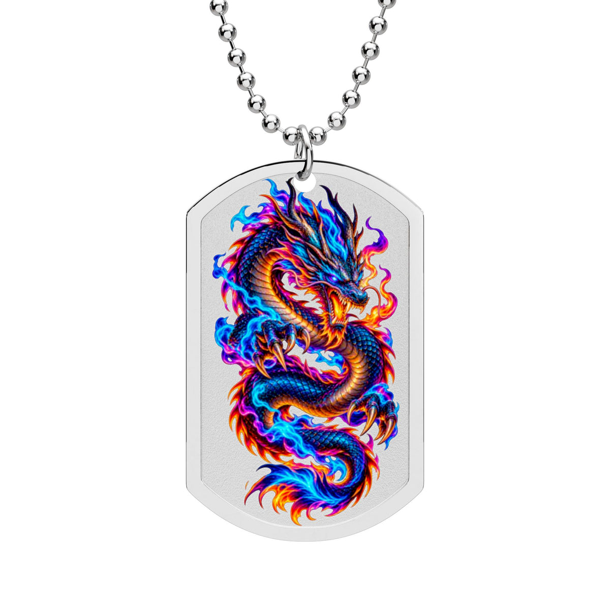 Neon Fire Dragon Dog Tag Necklace | Gothic Stainless Steel Pendant | Fantasy Dragon Jewelry