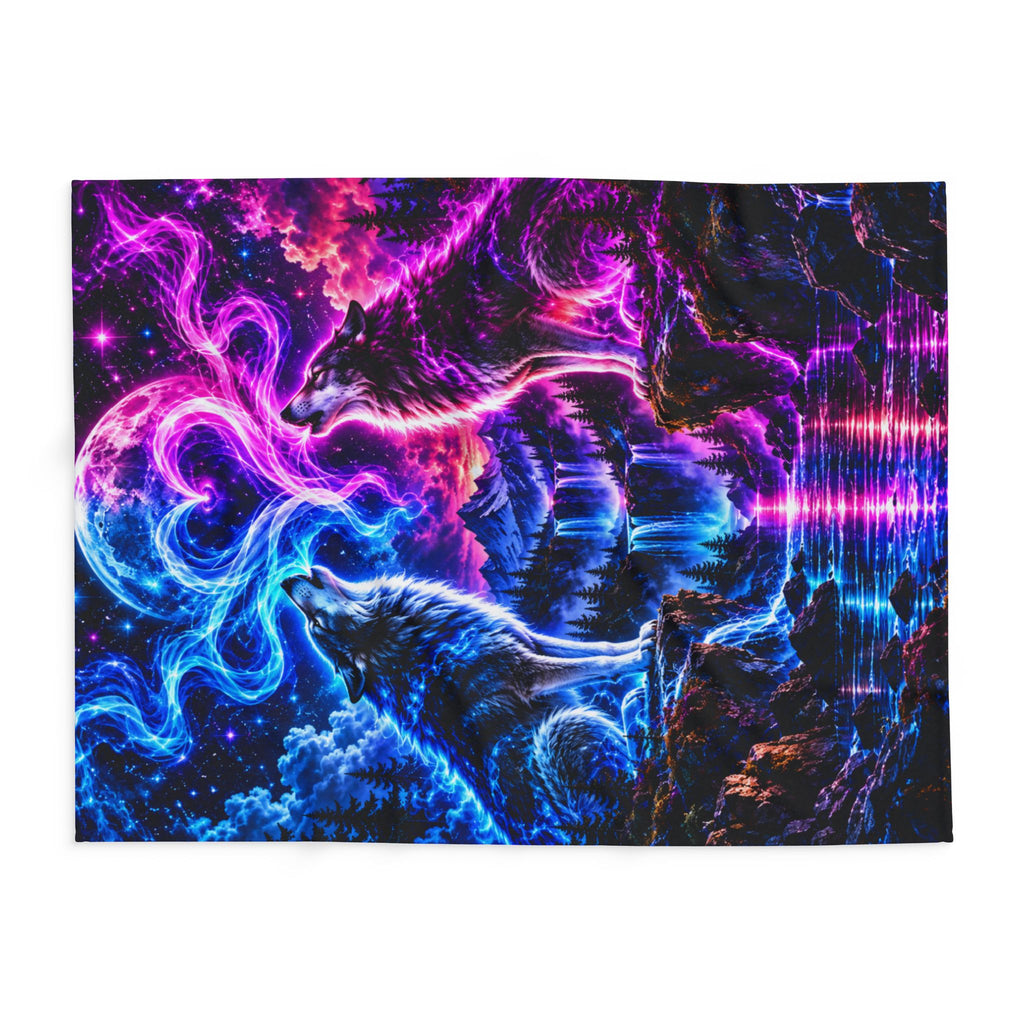 Aurora Wolf Fleece Blanket — Neon Wolves Heart Night Sky Throw