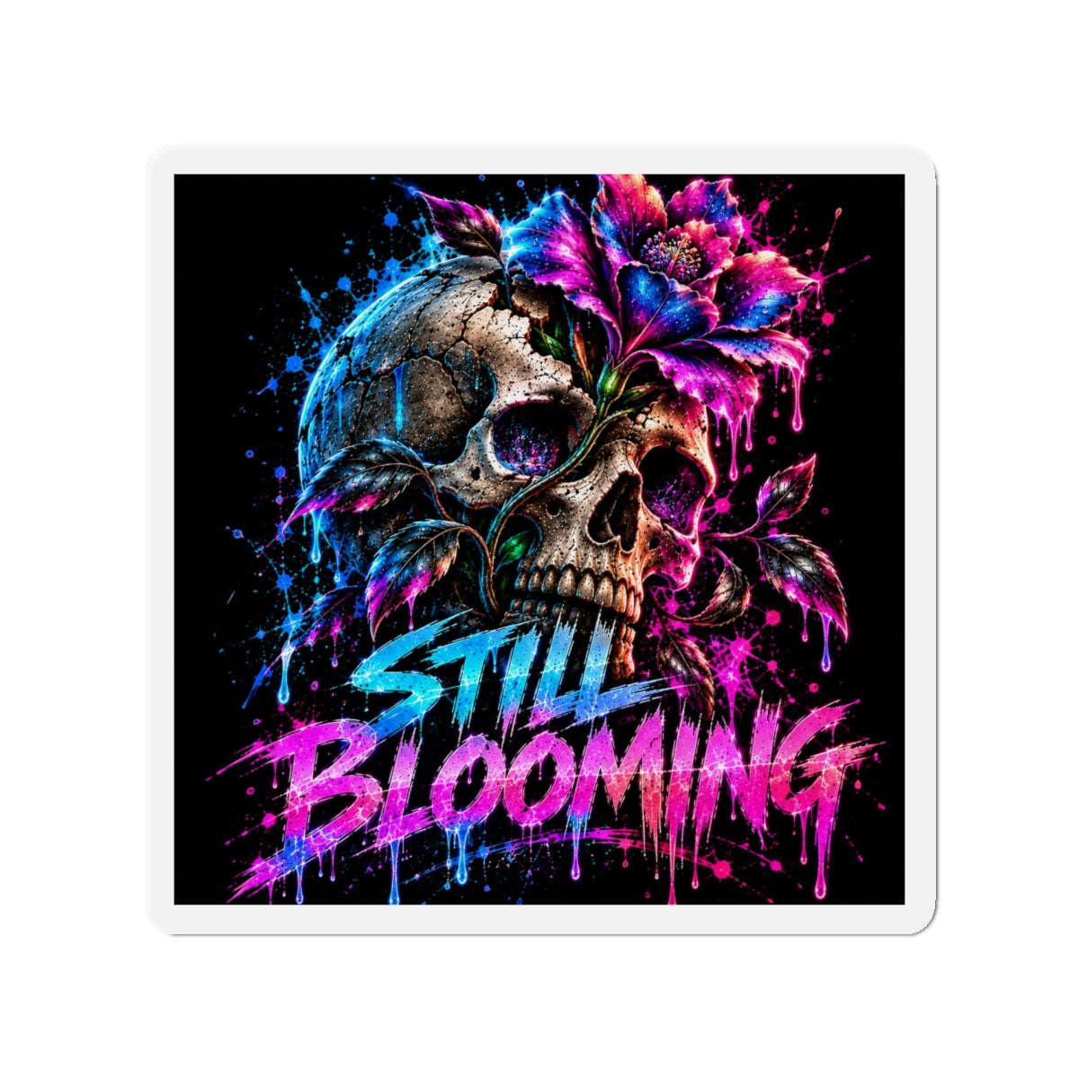 Still Blooming Skull Magnet – Neon Floral Gothic Fridge Magnet | Dark Botanical Art