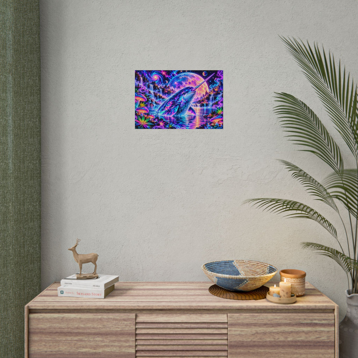 Cosmic Narwhal in Neon Paradise | Psychedelic Mushroom & Cannabis Fantasy Wall Art Poster | Hugs & Drugs