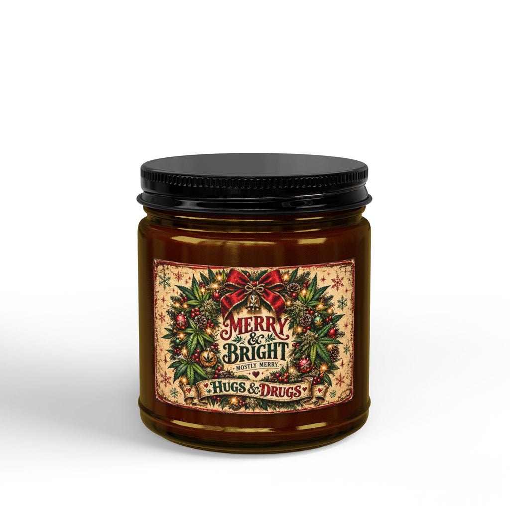 Merry & Bright Mostly Merry Christmas Candle | Funny Holiday Soy Candle Gift | Hugs & Drugs