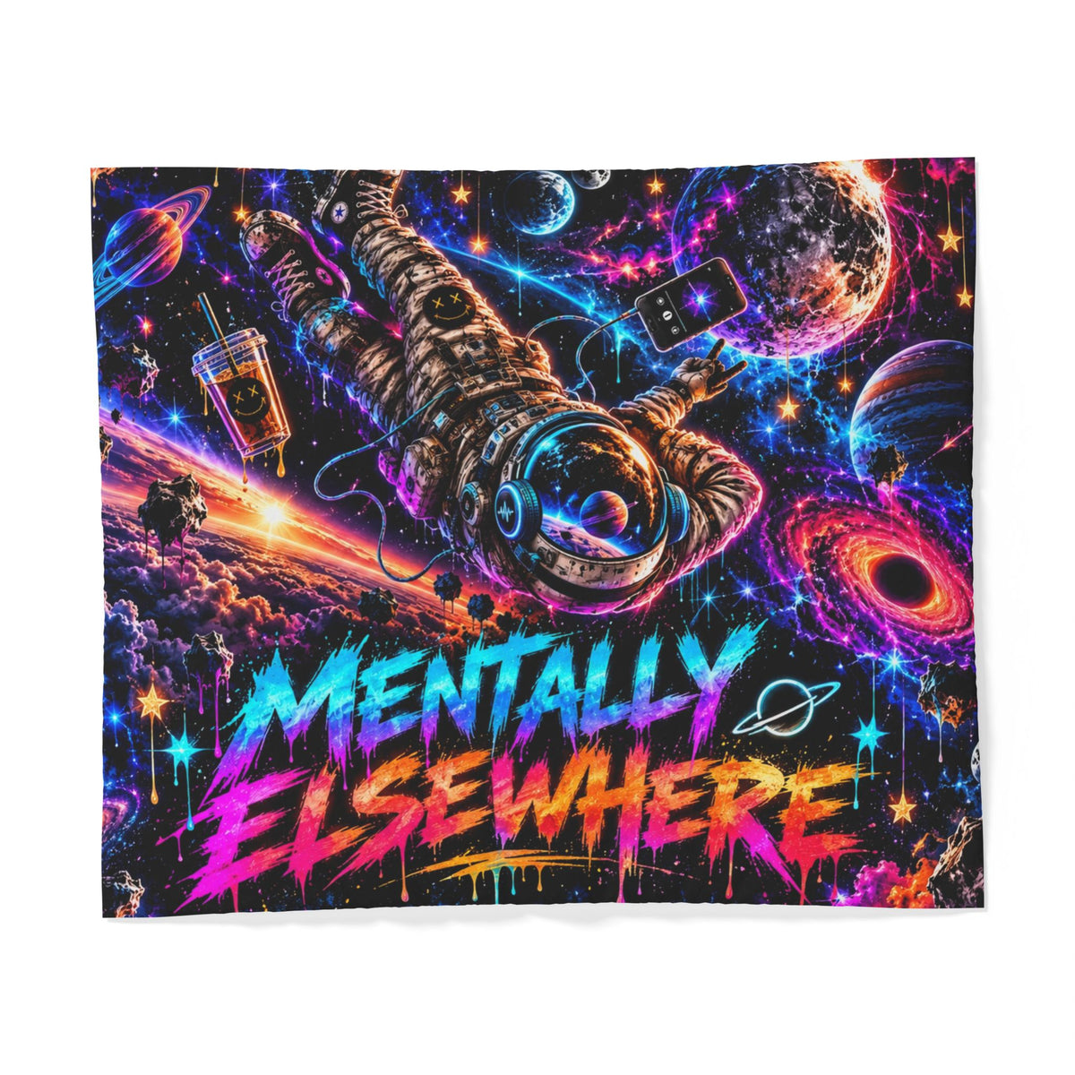 Mentally Elsewhere Cotton Duvet Cover | Neon Galaxy Astronaut Bedding | Space Bedroom Decor