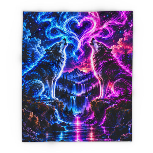 Aurora Wolf Fleece Blanket — Neon Wolves Heart Night Sky Throw