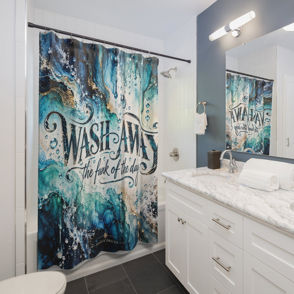 Wash Away the Funk of the Day Shower Curtain | Funny Swear Word Bathroom Decor | Blue Abstract Art
