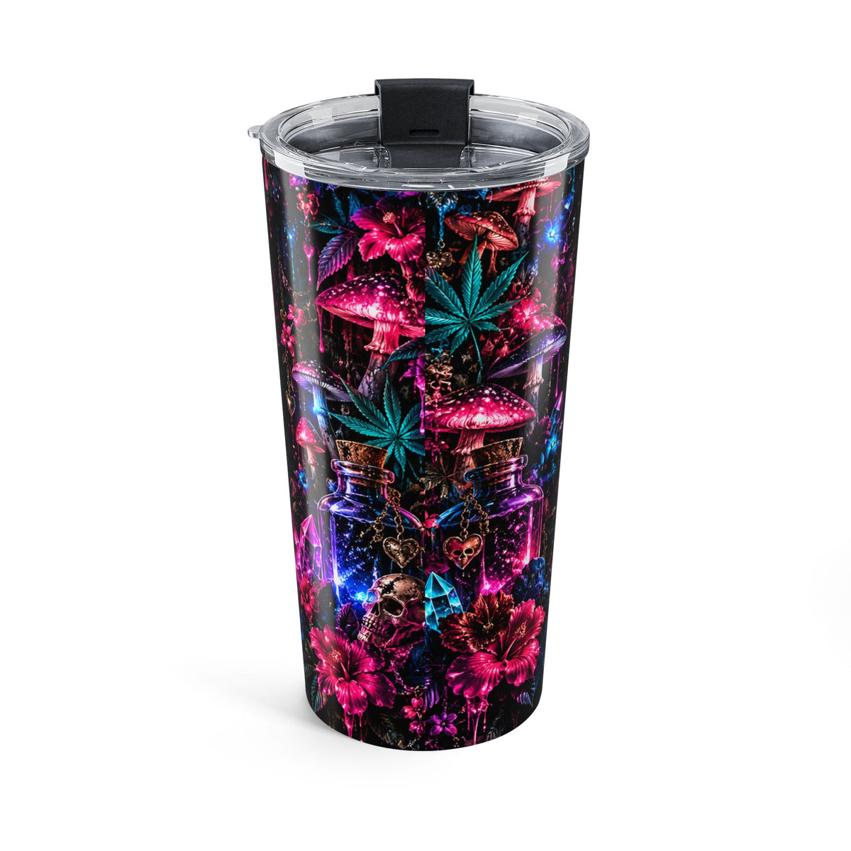 Higher Together 20oz Tumbler | Psychedelic Skeleton Couple, Heart & Mushroom Art | Hugs & Drugs