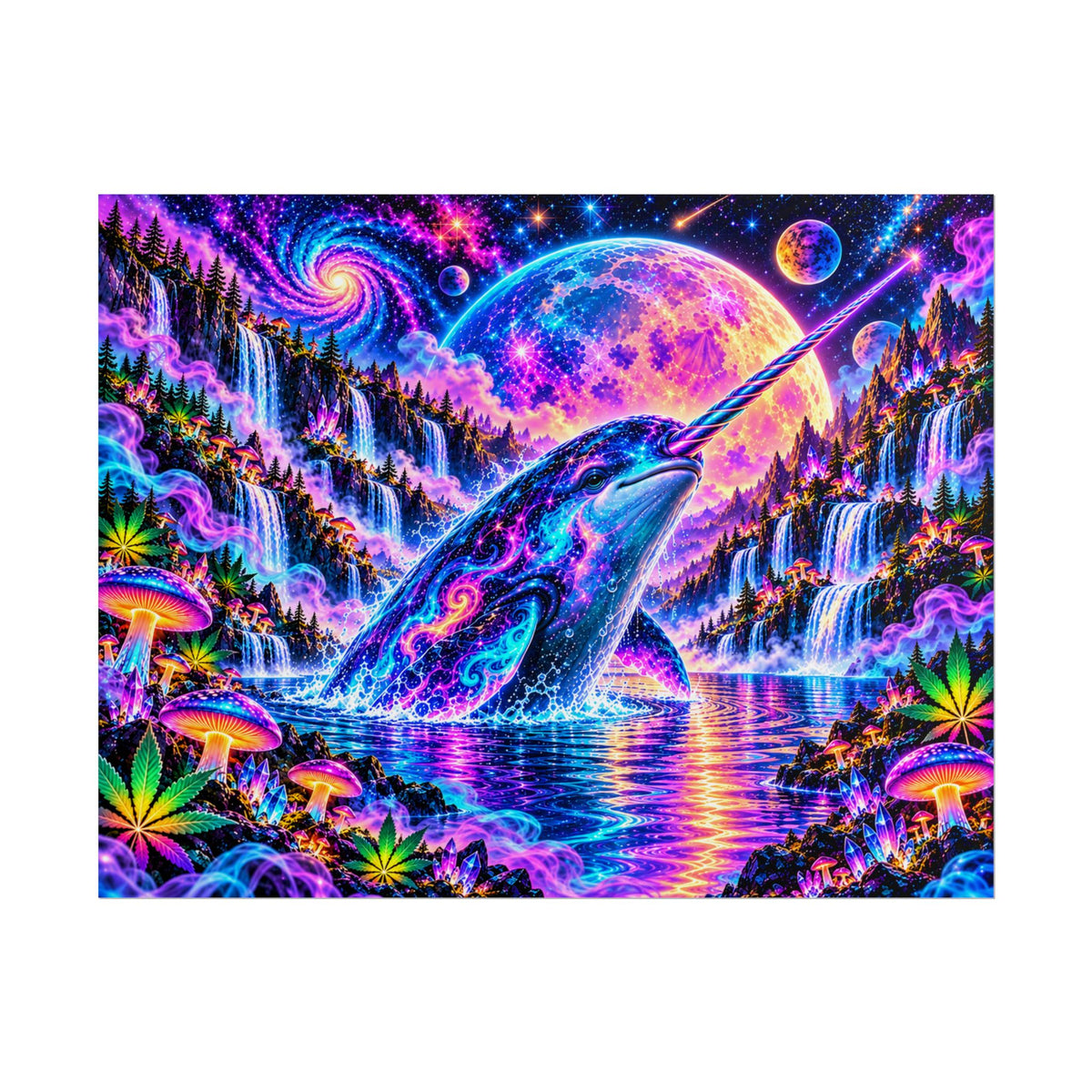 Cosmic Narwhal in Neon Paradise | Psychedelic Mushroom & Cannabis Fantasy Wall Art Poster | Hugs & Drugs
