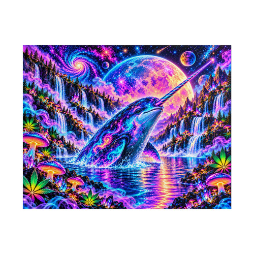 Cosmic Narwhal in Neon Paradise | Psychedelic Mushroom & Cannabis Fantasy Wall Art Poster | Hugs & Drugs