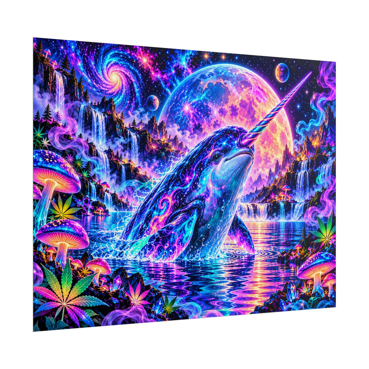 Cosmic Narwhal in Neon Paradise | Psychedelic Mushroom & Cannabis Fantasy Wall Art Poster | Hugs & Drugs