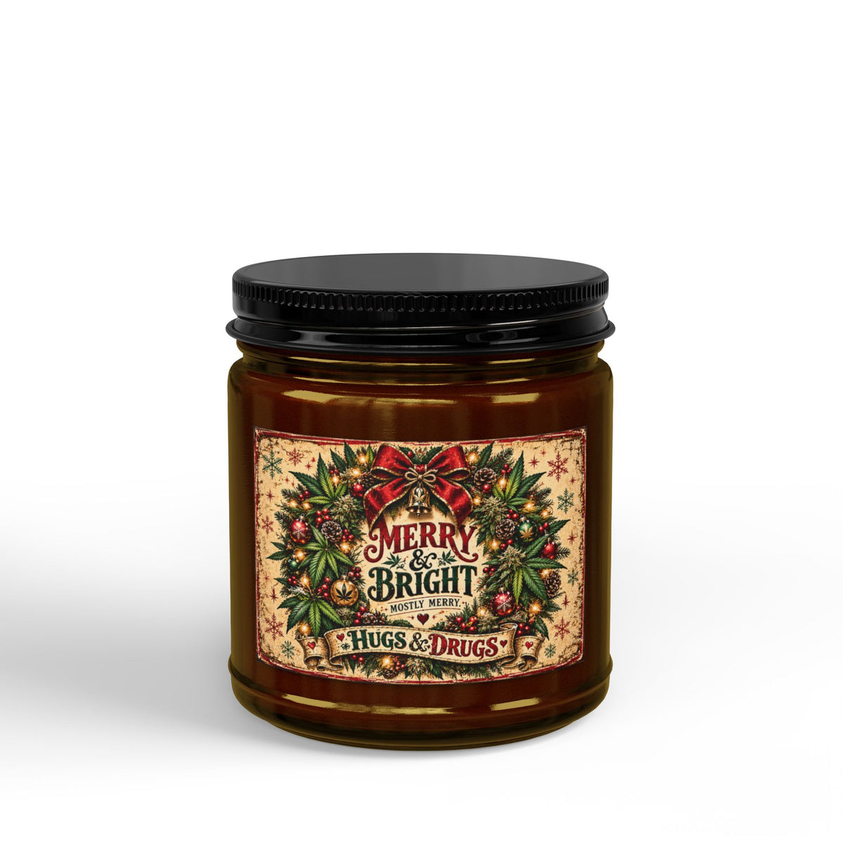 Merry & Bright Mostly Merry Christmas Candle | Funny Holiday Soy Candle Gift | Hugs & Drugs