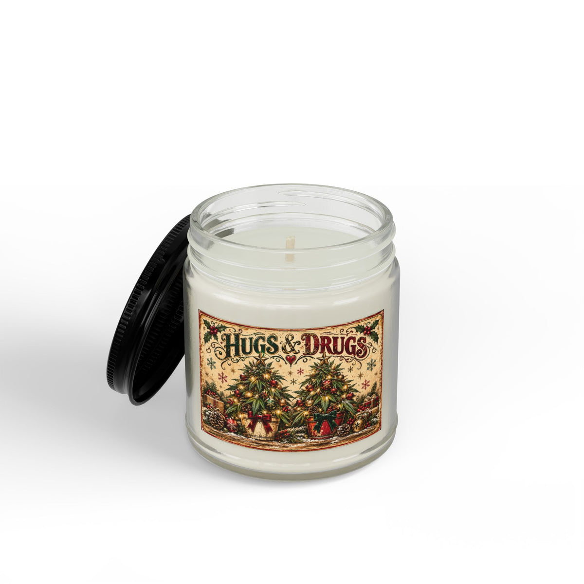 Hugs & Drugs Christmas Tree Candle | Funny Cannabis-Inspired Holiday Soy Candle
