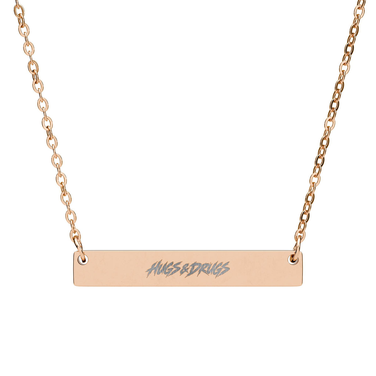 HUGS & DRUGS Engraved Bar Necklace | Edgy Stainless Steel Jewelry | Alternative Unisex Necklace