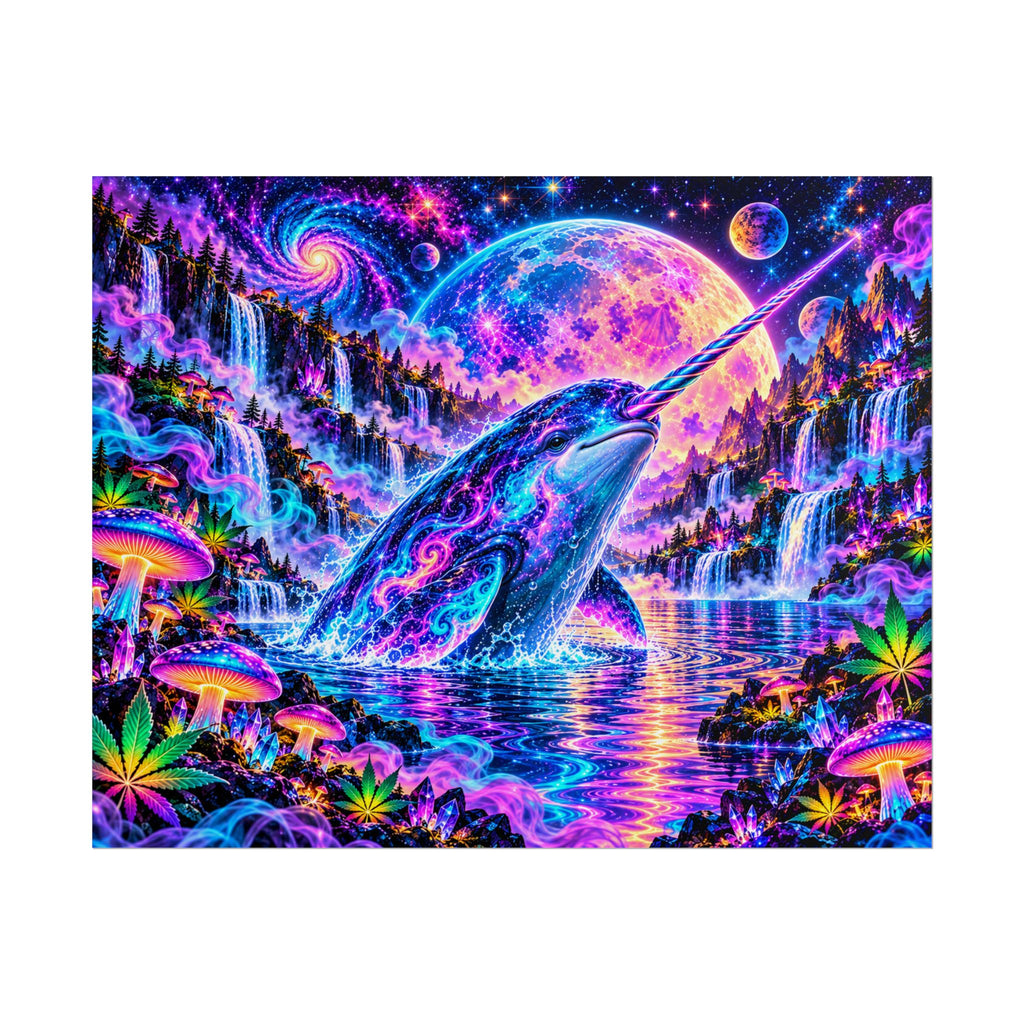 Cosmic Narwhal in Neon Paradise | Psychedelic Mushroom & Cannabis Fantasy Wall Art Poster | Hugs & Drugs
