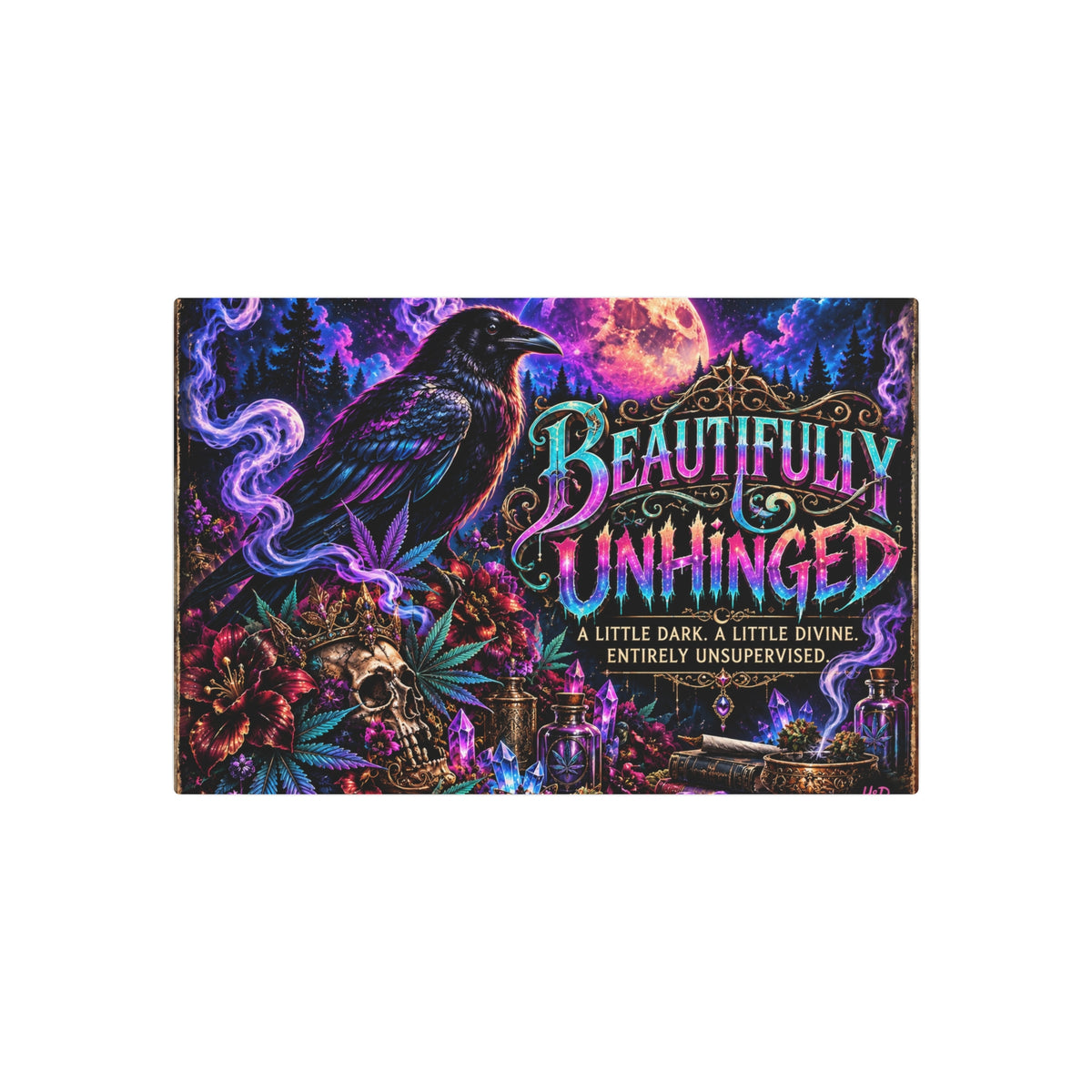Beautifully Unhinged Gothic Metal Wall Art | Raven & Moon Fantasy Decor | Hugs & Drugs