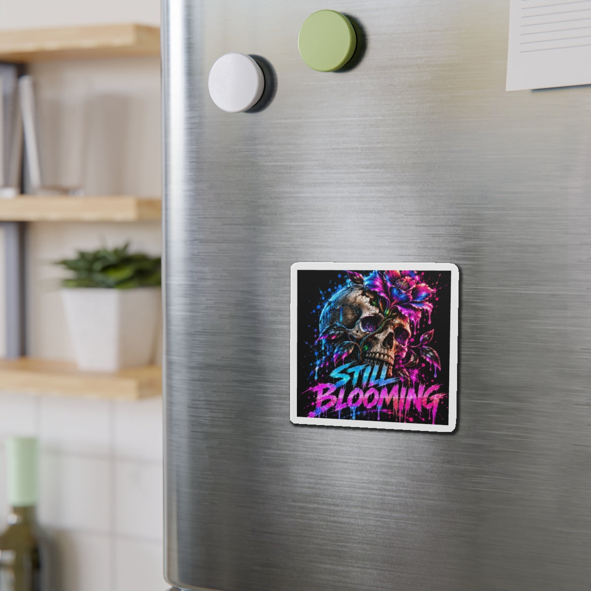 Still Blooming Skull Magnet – Neon Floral Gothic Fridge Magnet | Dark Botanical Art