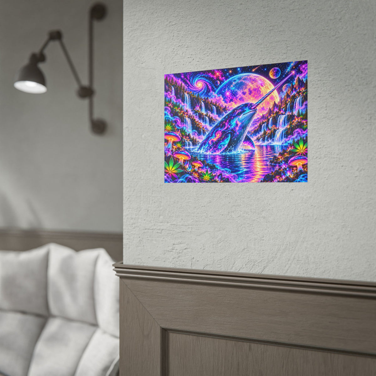 Cosmic Narwhal in Neon Paradise | Psychedelic Mushroom & Cannabis Fantasy Wall Art Poster | Hugs & Drugs