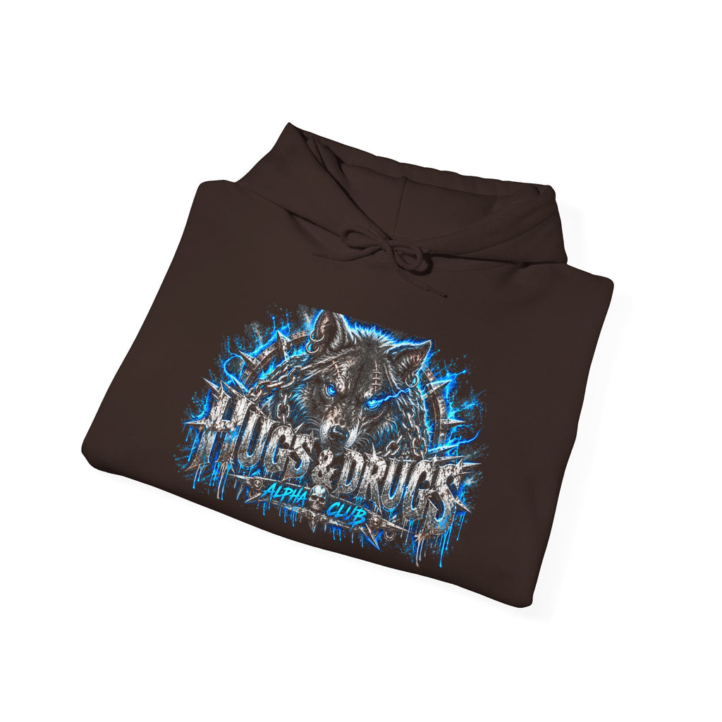 Wolf Alpha Club Hoodie – Hugs & Drugs Unisex Wolf Graphic Sweatshirt | Edgy Streetwear