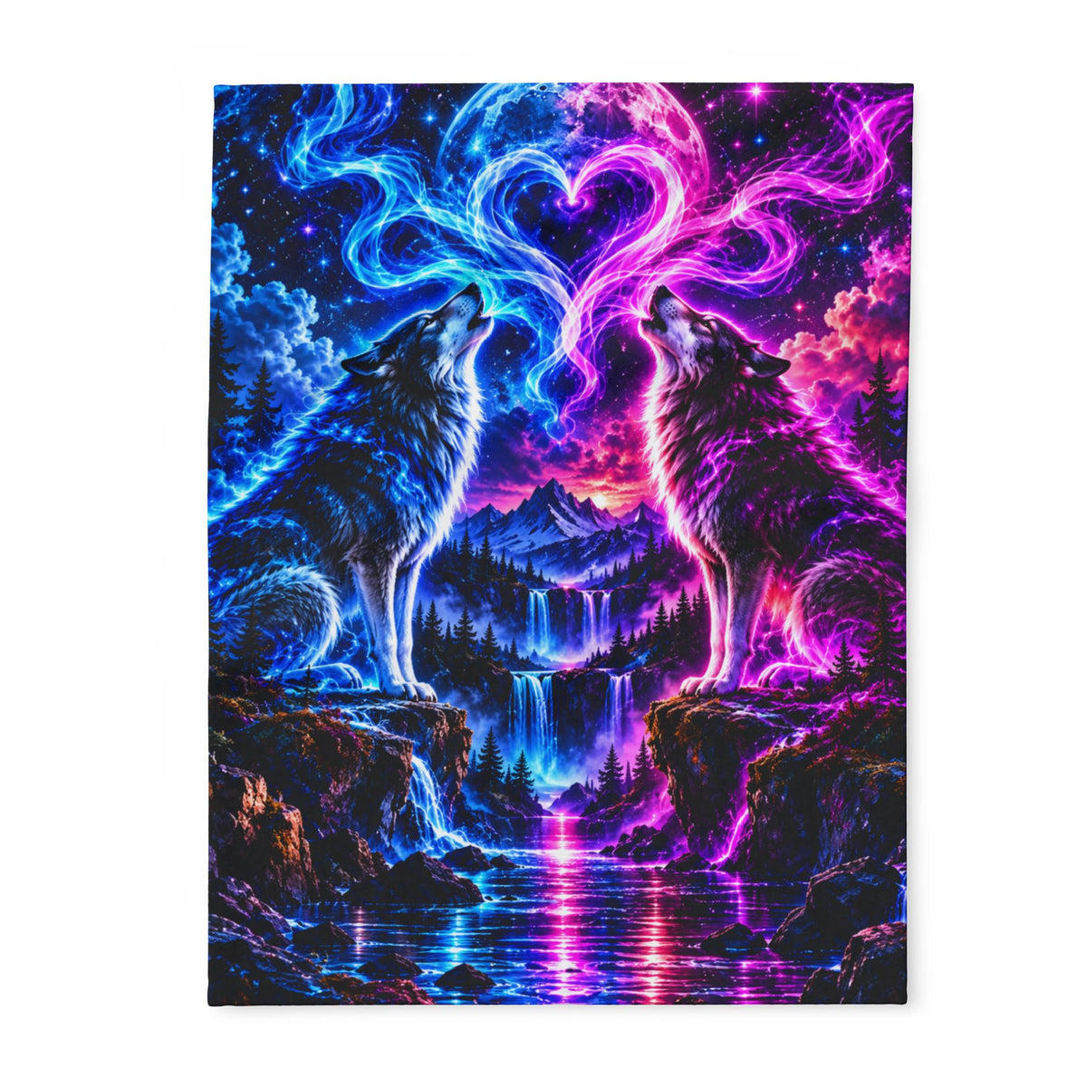 Aurora Wolf Fleece Blanket — Neon Wolves Heart Night Sky Throw