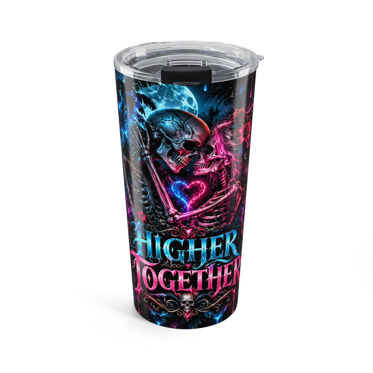 Higher Together 20oz Tumbler | Psychedelic Skeleton Couple, Heart & Mushroom Art | Hugs & Drugs