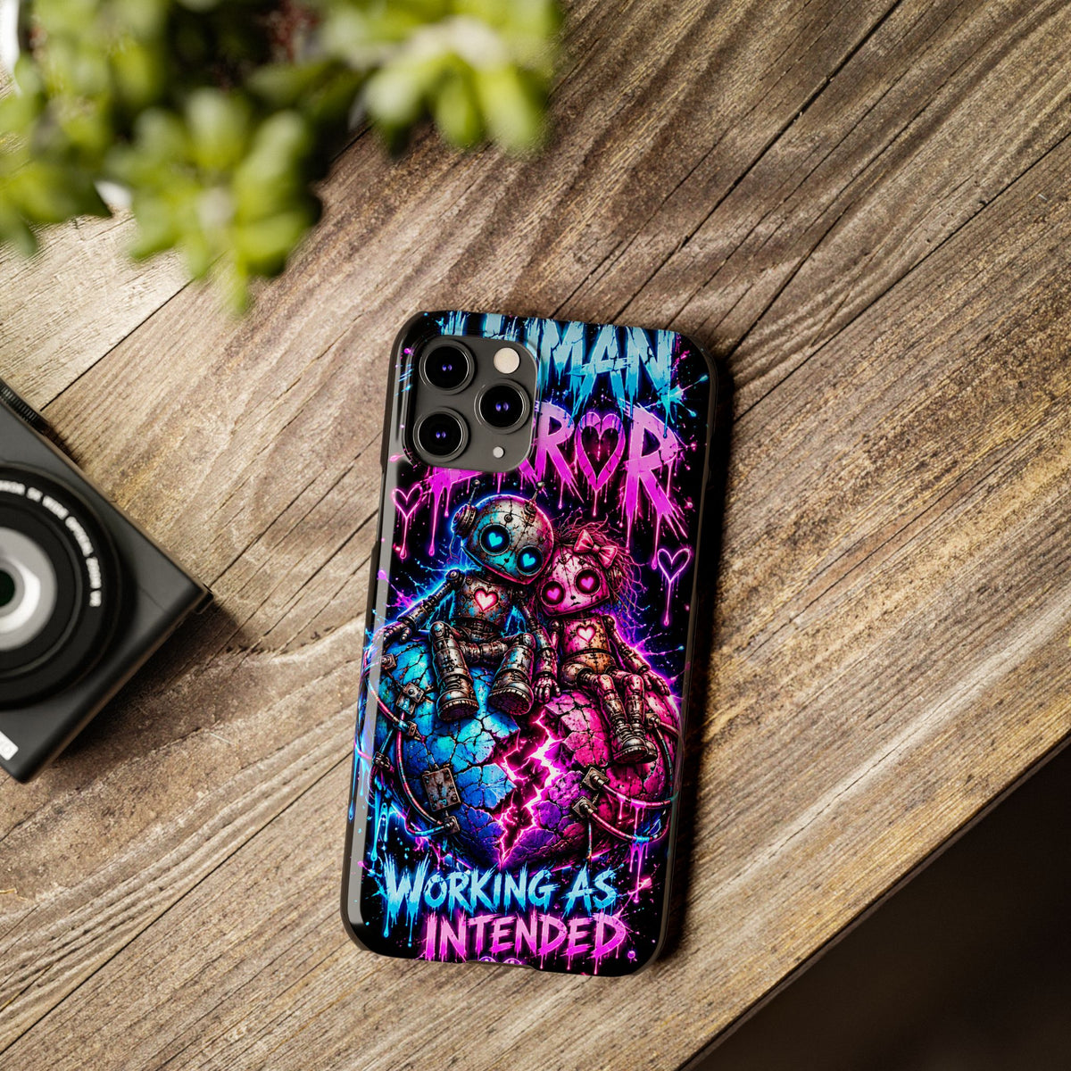 Human Error – Working As Intended Slim iPhone Case | Neon Robot Graphic Phone Cover