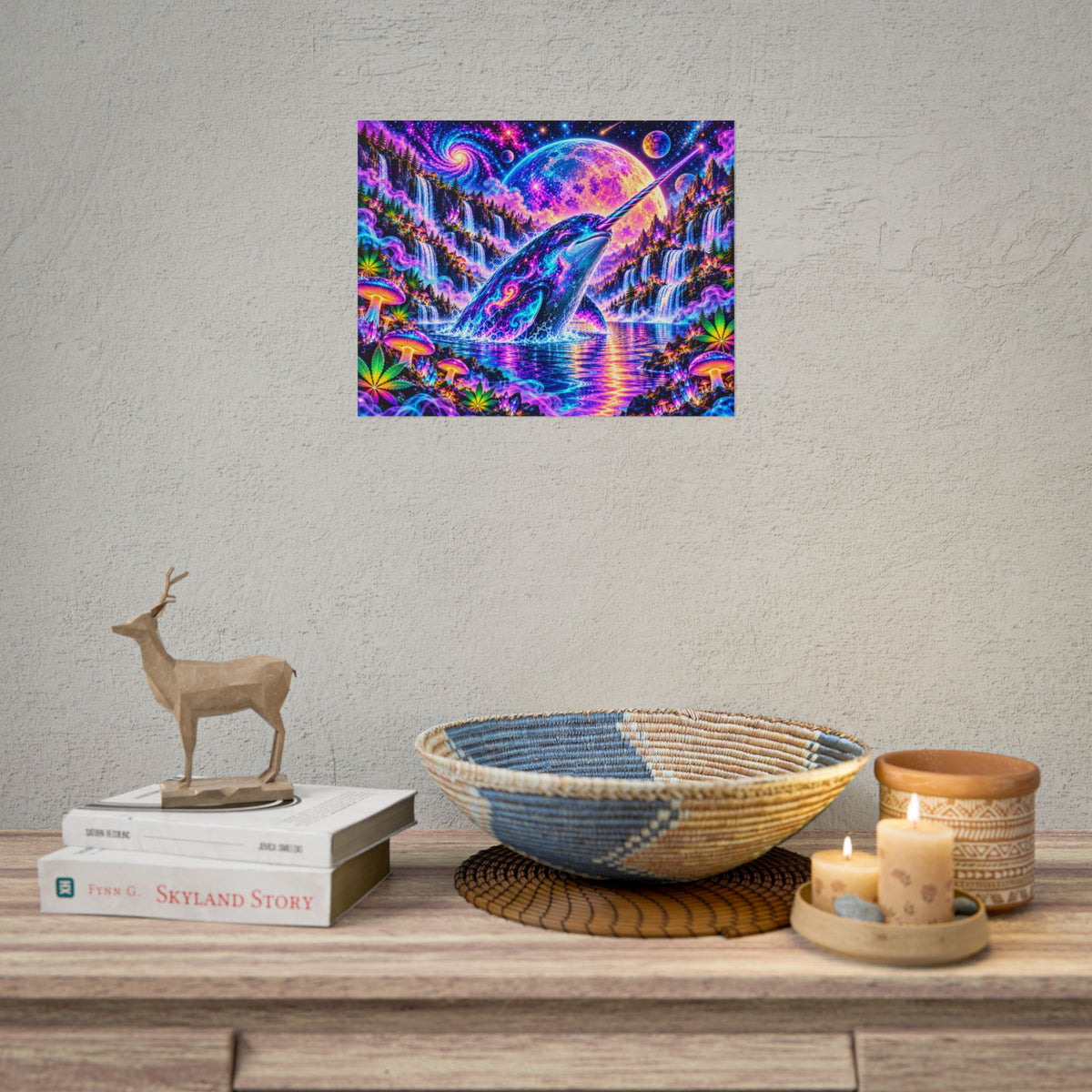Cosmic Narwhal in Neon Paradise | Psychedelic Mushroom & Cannabis Fantasy Wall Art Poster | Hugs & Drugs
