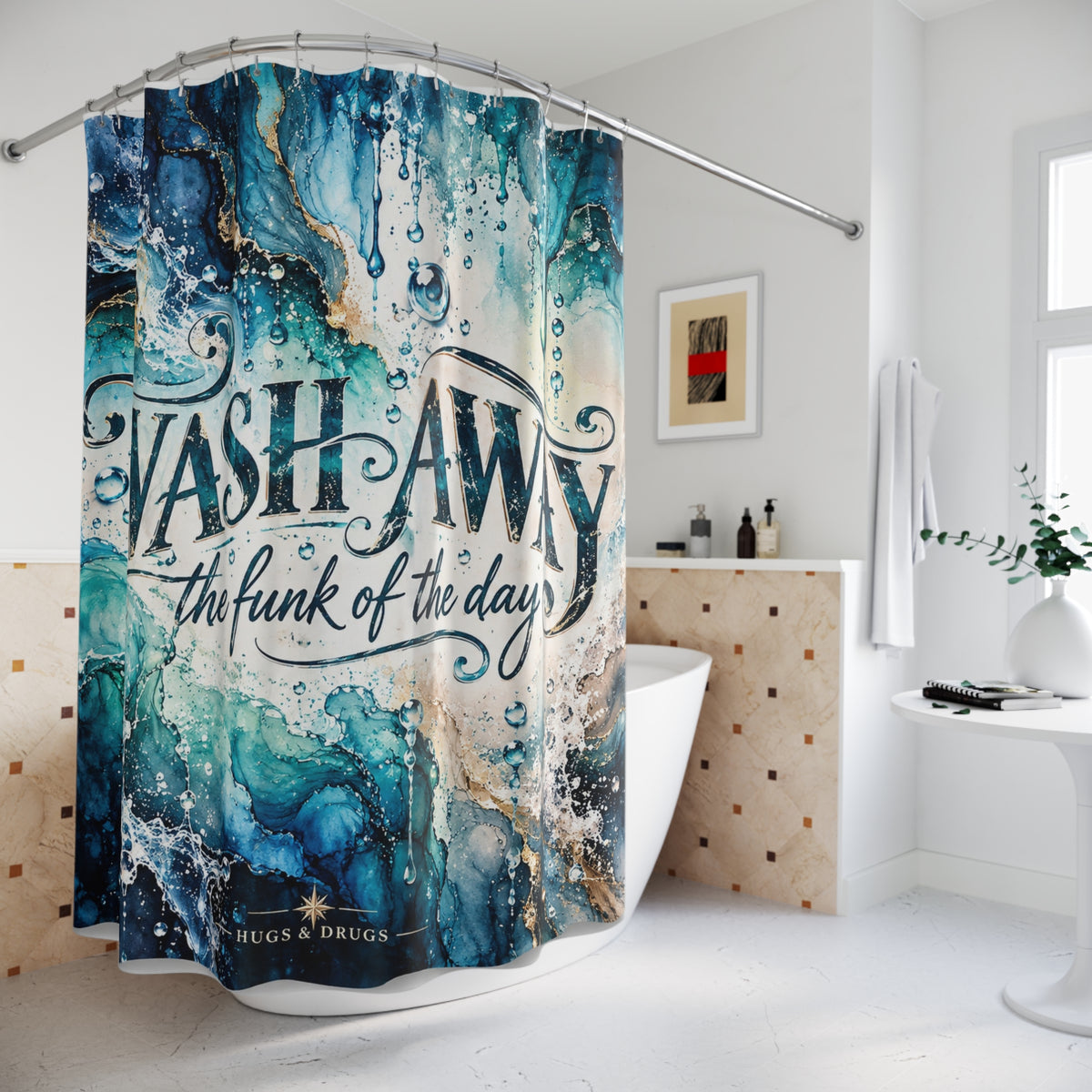 Wash Away the Funk of the Day Shower Curtain | Funny Swear Word Bathroom Decor | Blue Abstract Art