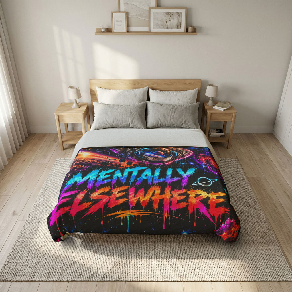 Mentally Elsewhere Cotton Duvet Cover | Neon Galaxy Astronaut Bedding | Space Bedroom Decor