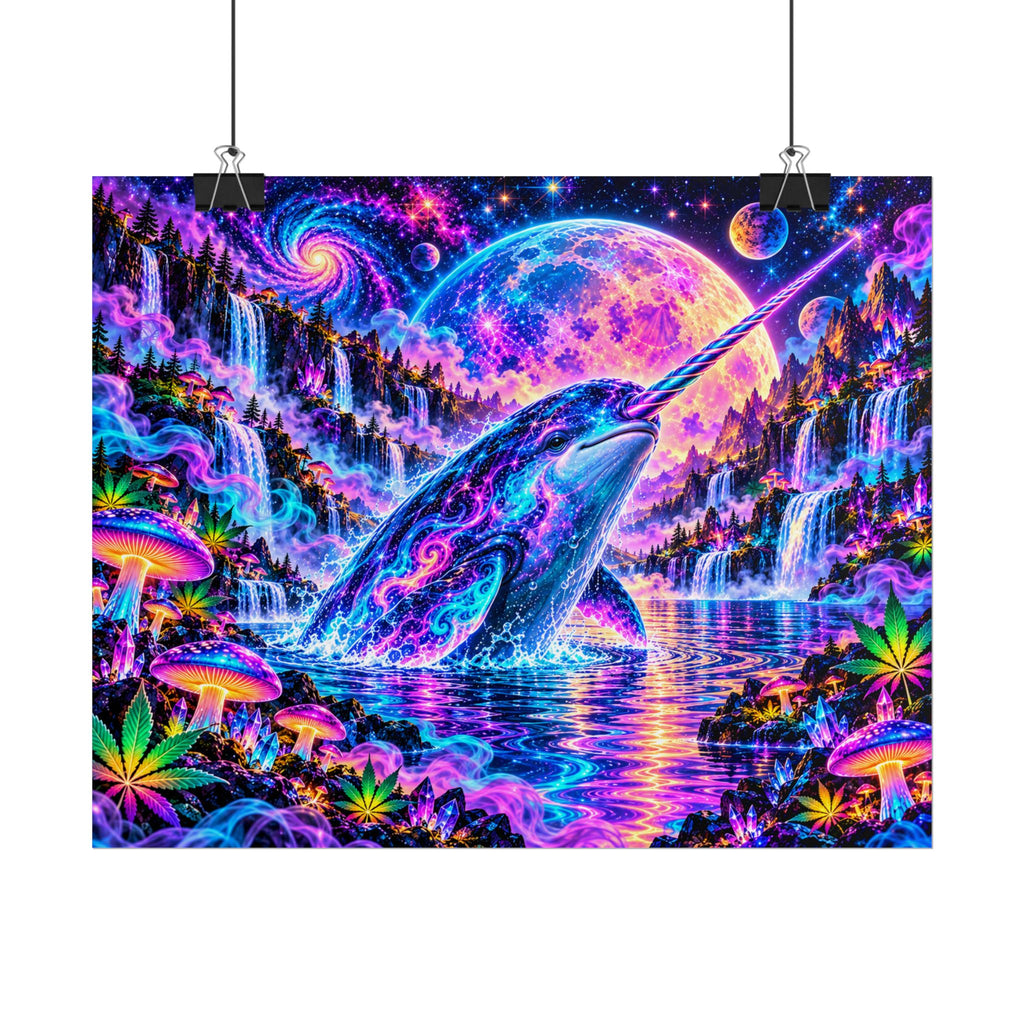 Cosmic Narwhal in Neon Paradise | Psychedelic Mushroom & Cannabis Fantasy Wall Art Poster | Hugs & Drugs