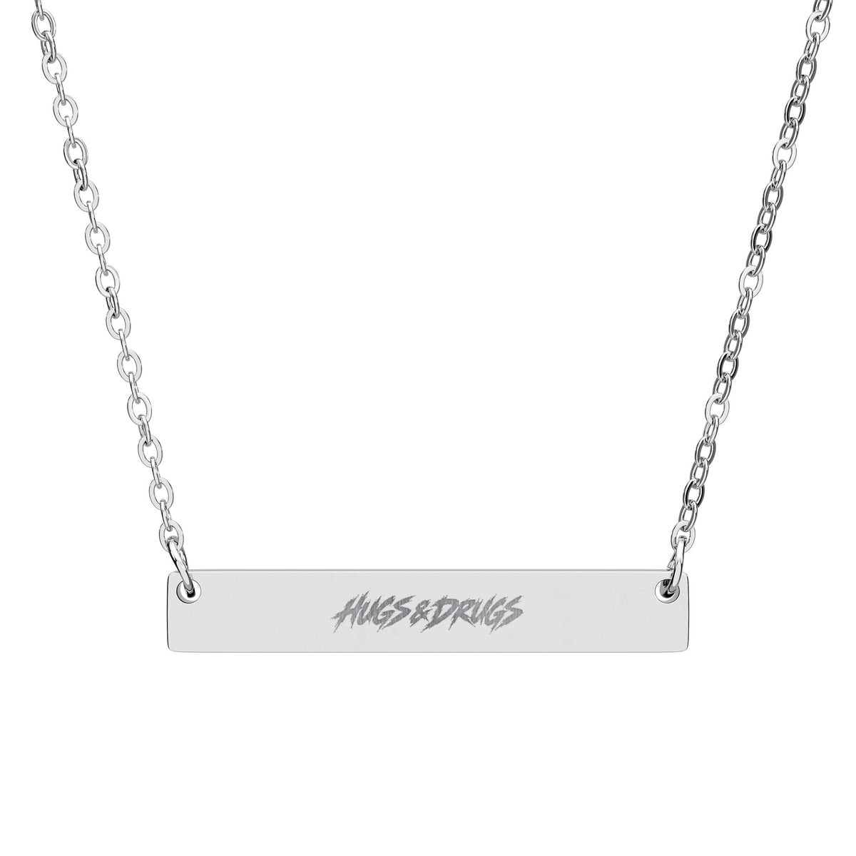 HUGS & DRUGS Engraved Bar Necklace | Edgy Stainless Steel Jewelry | Alternative Unisex Necklace