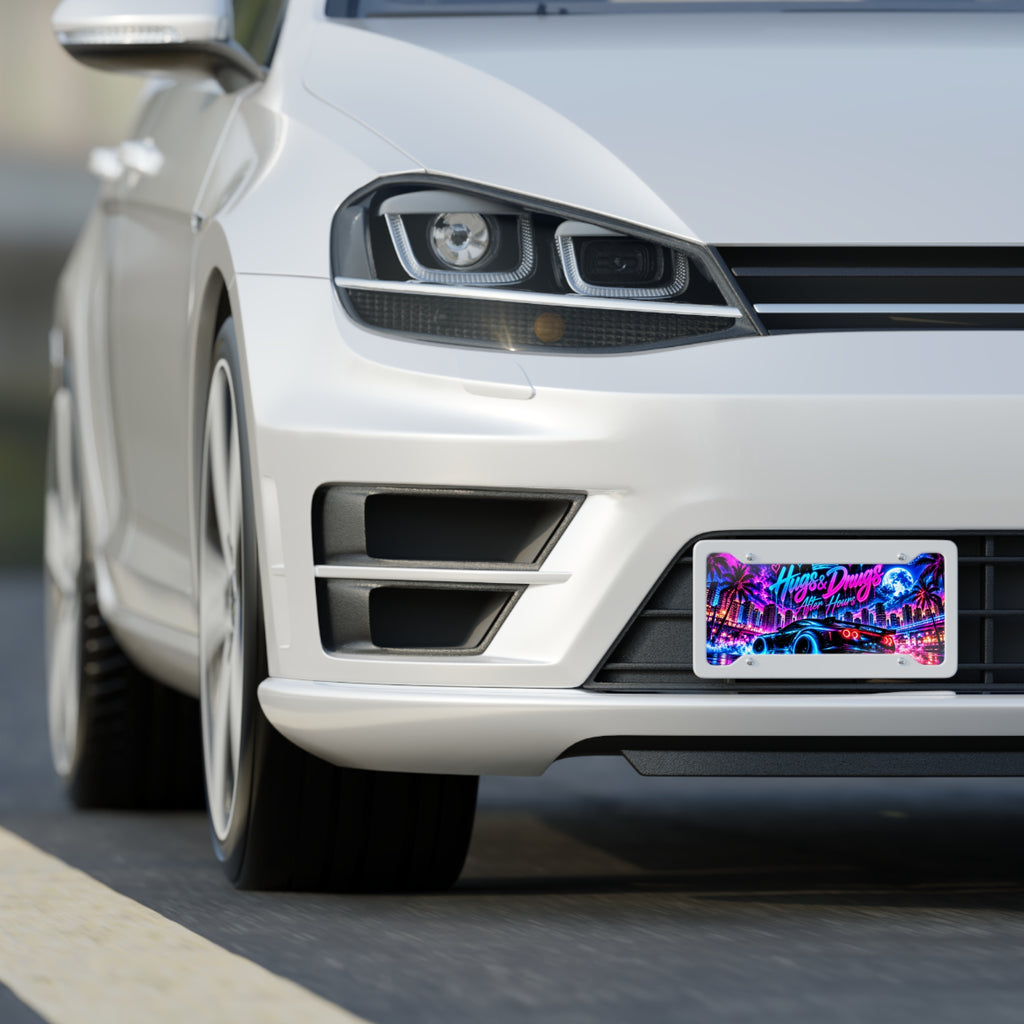 Hugs & Drugs After Hours Neon Car License Plate | Sports Car & Street Racing Auto Decor