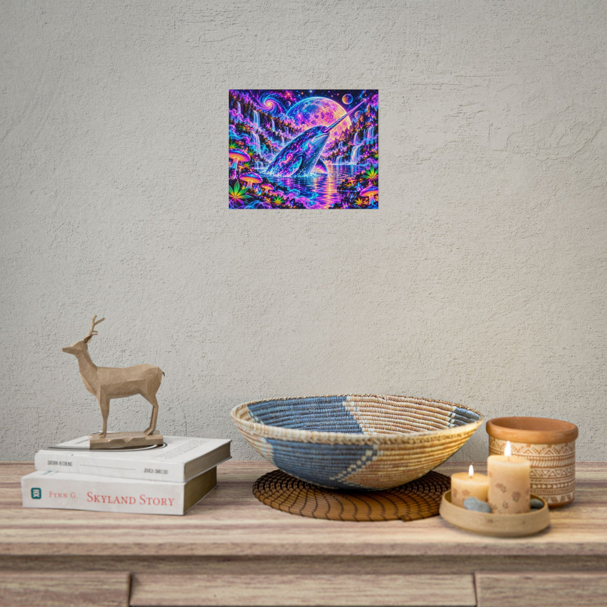 Cosmic Narwhal in Neon Paradise | Psychedelic Mushroom & Cannabis Fantasy Wall Art Poster | Hugs & Drugs
