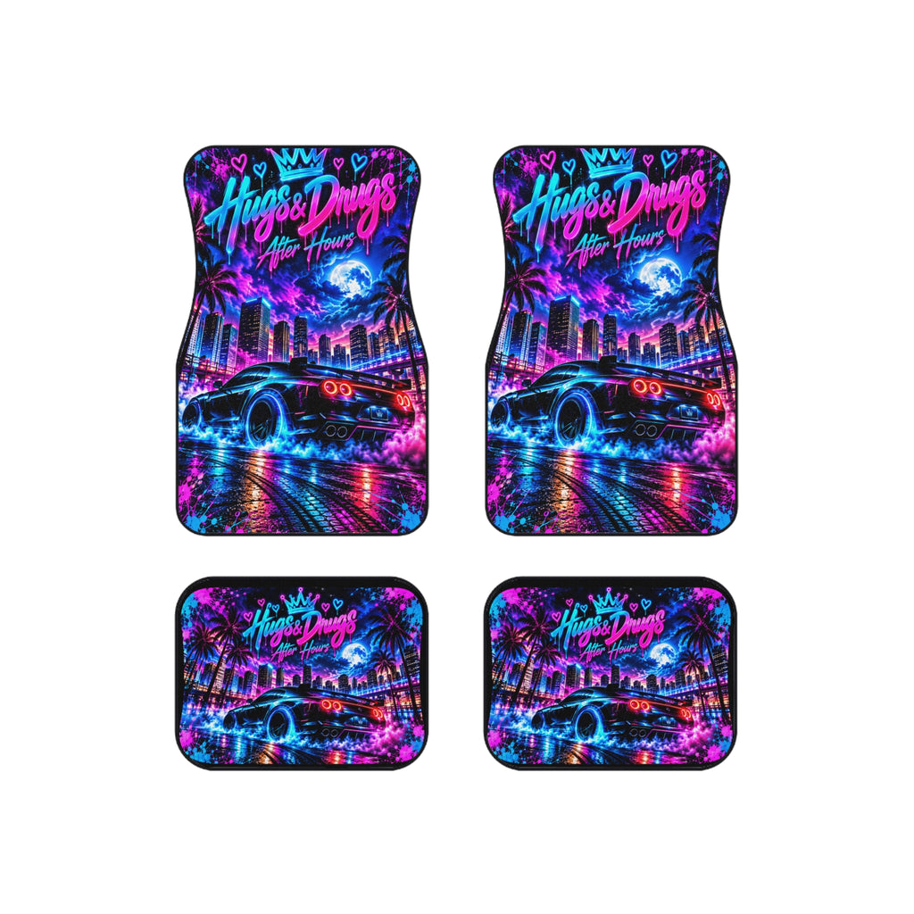 Hugs & Drugs After Hours Car Floor Mats – Neon Sports Car Design | 4-Piece Set