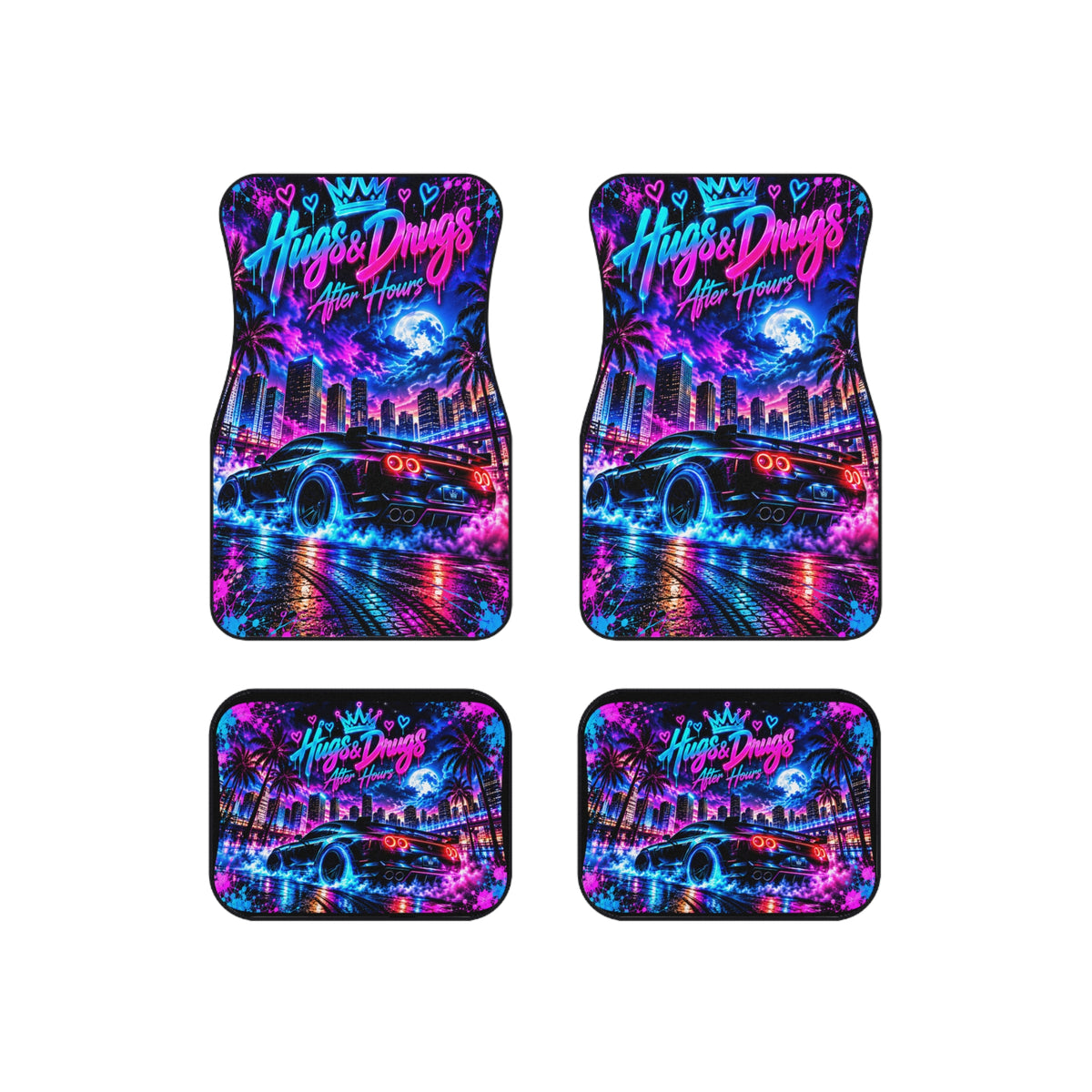 Hugs & Drugs After Hours Car Floor Mats – Neon Sports Car Design | 4-Piece Set